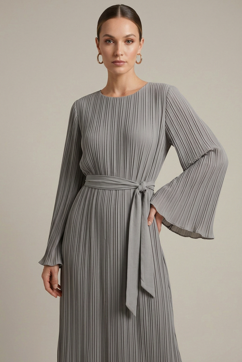 Long Sleeve Pleated Tie Waist Modest Maxi Dress