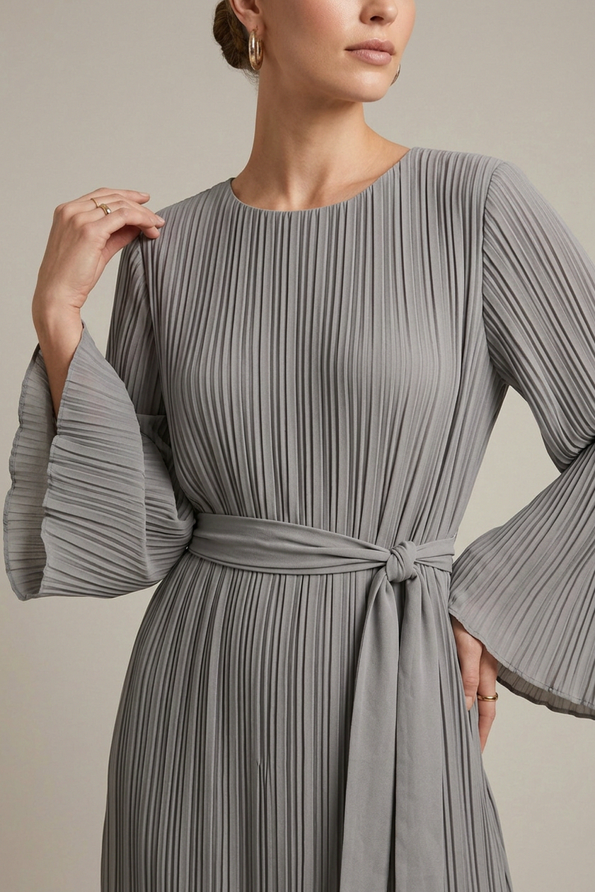 Long Sleeve Pleated Tie Waist Modest Maxi Dress