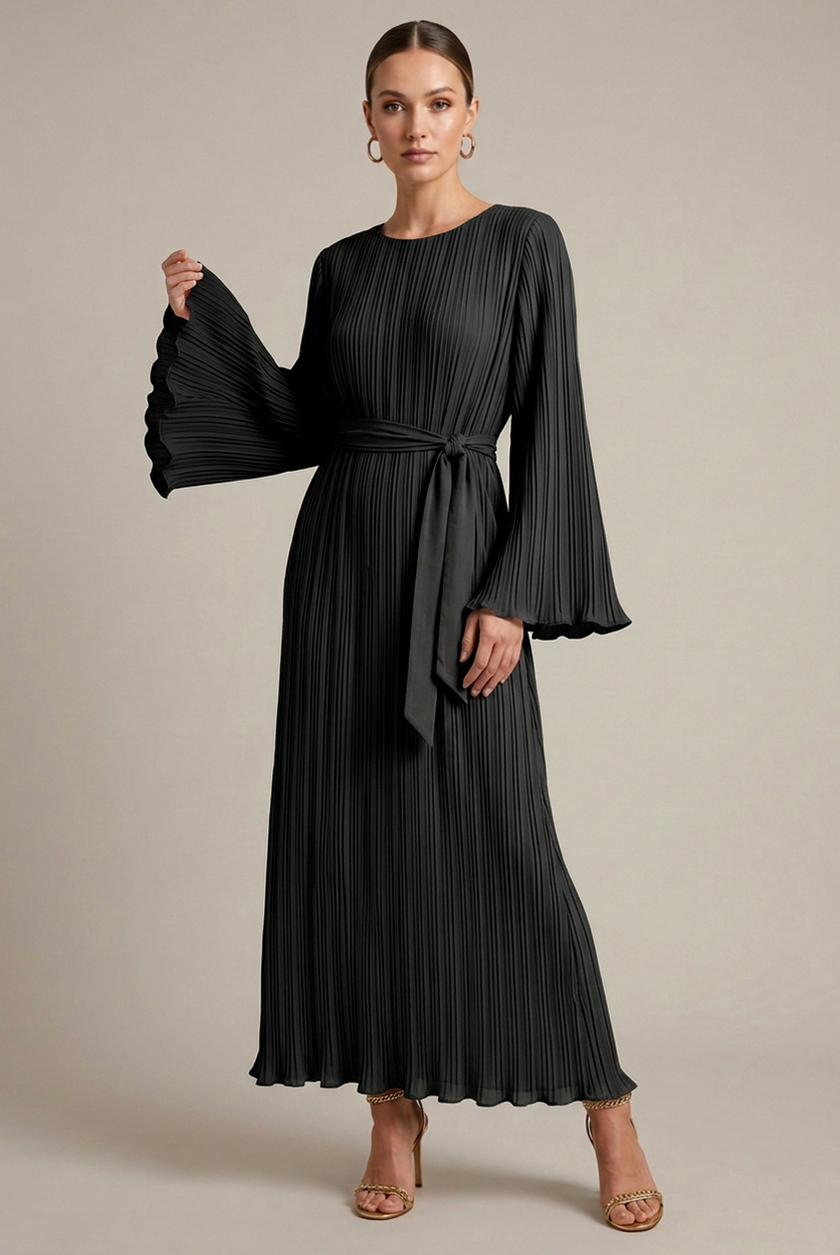 Long Sleeve Pleated Tie Waist Modest Maxi Dress
