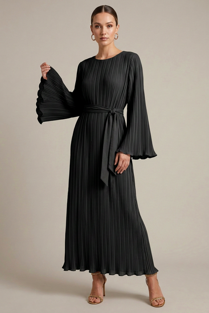 Long Sleeve Pleated Tie Waist Modest Maxi Dress