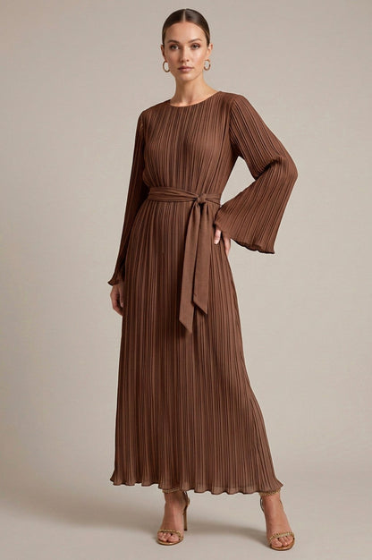 Long Sleeve Pleated Tie Waist Modest Maxi Dress