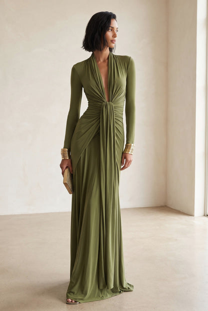 Long Sleeve Plunge Neck Draped Maxi Dress