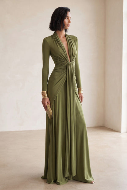 Long Sleeve Plunge Neck Draped Maxi Dress