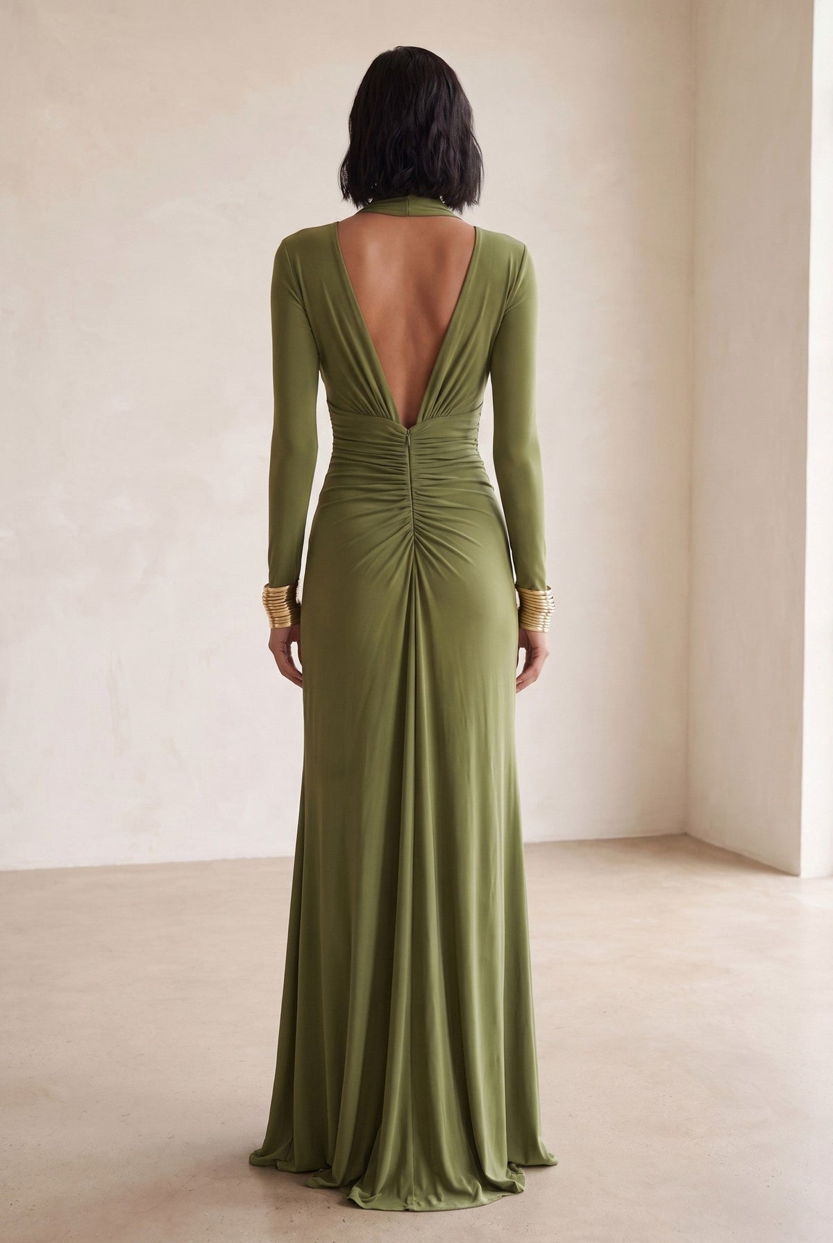 Long Sleeve Plunge Neck Draped Maxi Dress