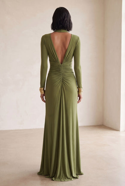 Long Sleeve Plunge Neck Draped Maxi Dress