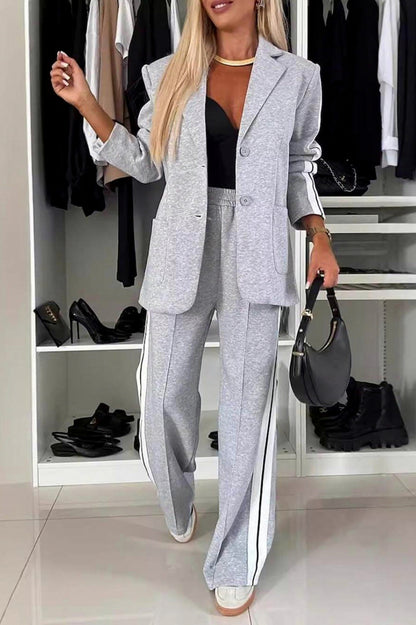Long Sleeve Side Stripe Blazer and Wide Leg Pants Two Piece Set
