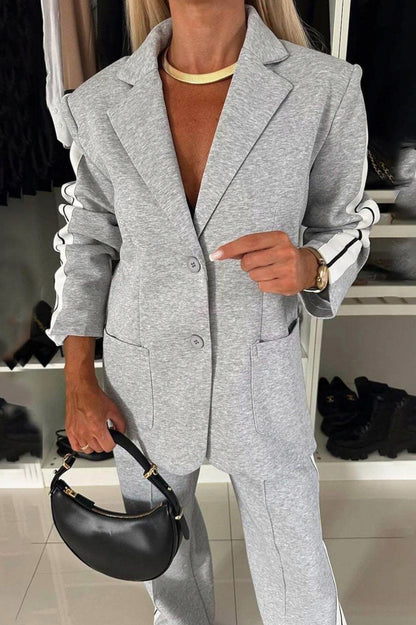 Long Sleeve Side Stripe Blazer and Wide Leg Pants Two Piece Set