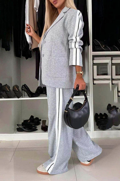 Long Sleeve Side Stripe Blazer and Wide Leg Pants Two Piece Set