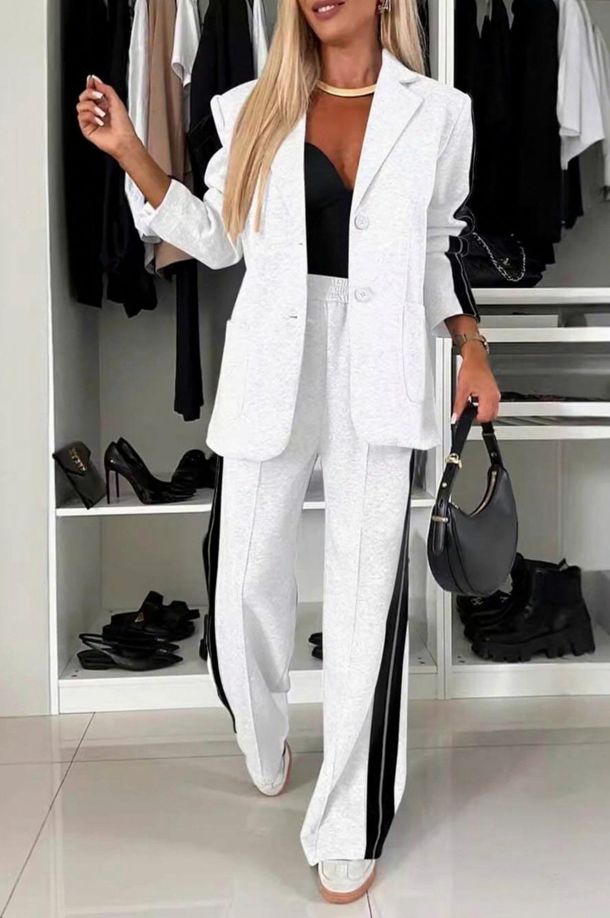 Long Sleeve Side Stripe Blazer and Wide Leg Pants Two Piece Set