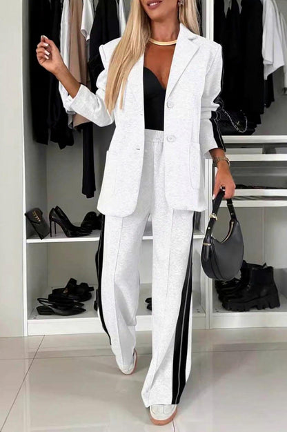 Long Sleeve Side Stripe Blazer and Wide Leg Pants Two Piece Set
