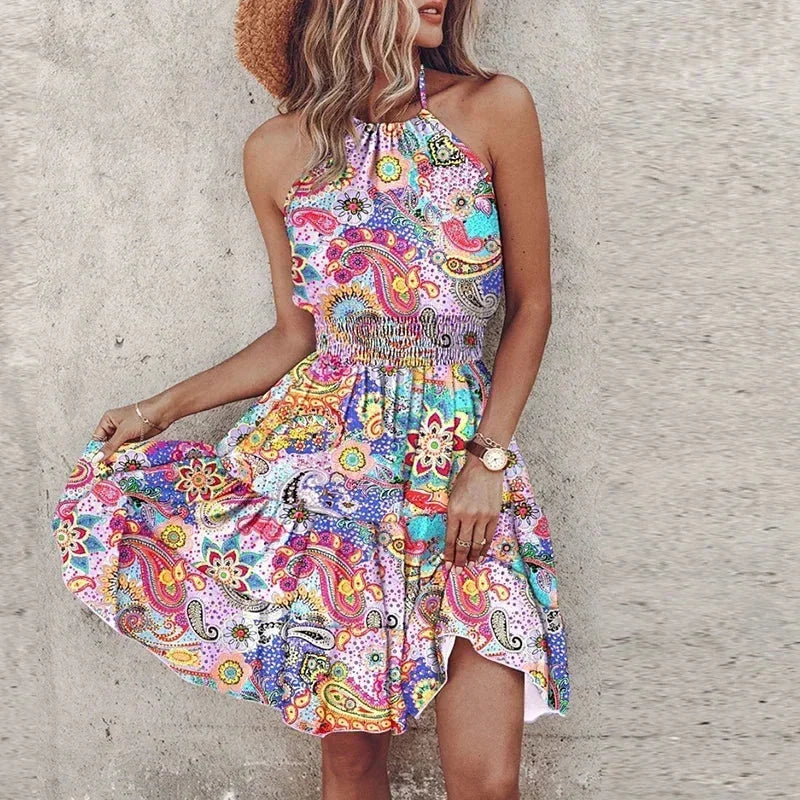 Lavender - Women's medallion print mini dress featuring a halter neckline, wide smocked waist, and a fluid tiered skirt.