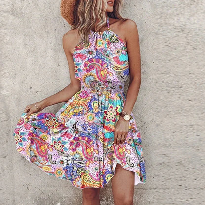 Lavender - Women's medallion print mini dress featuring a halter neckline, wide smocked waist, and a fluid tiered skirt.