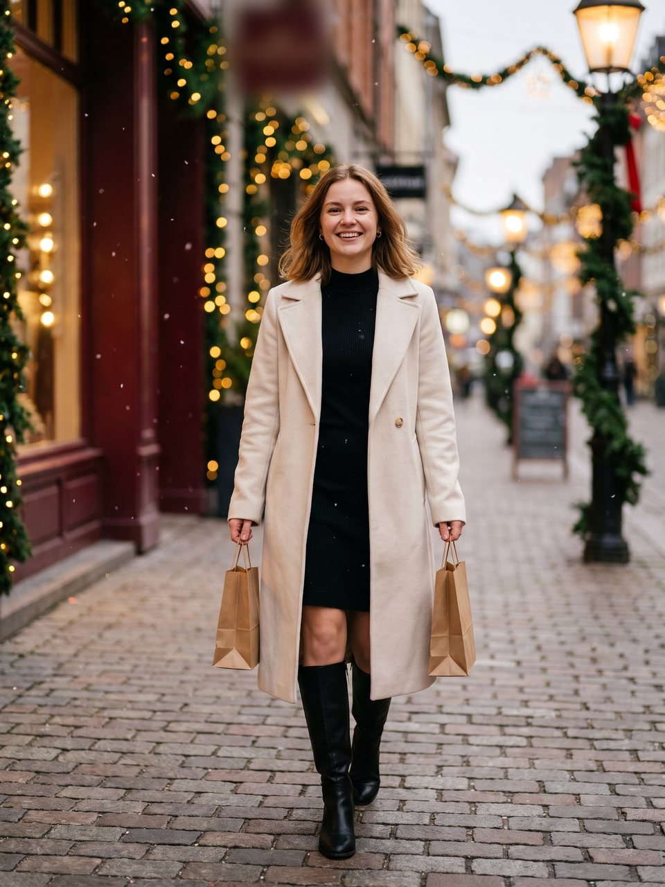 Cream wool coat over a black knit dress on a festive street