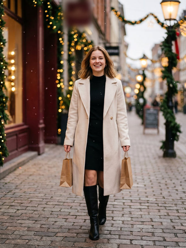 Cream wool coat over a black knit dress on a festive street