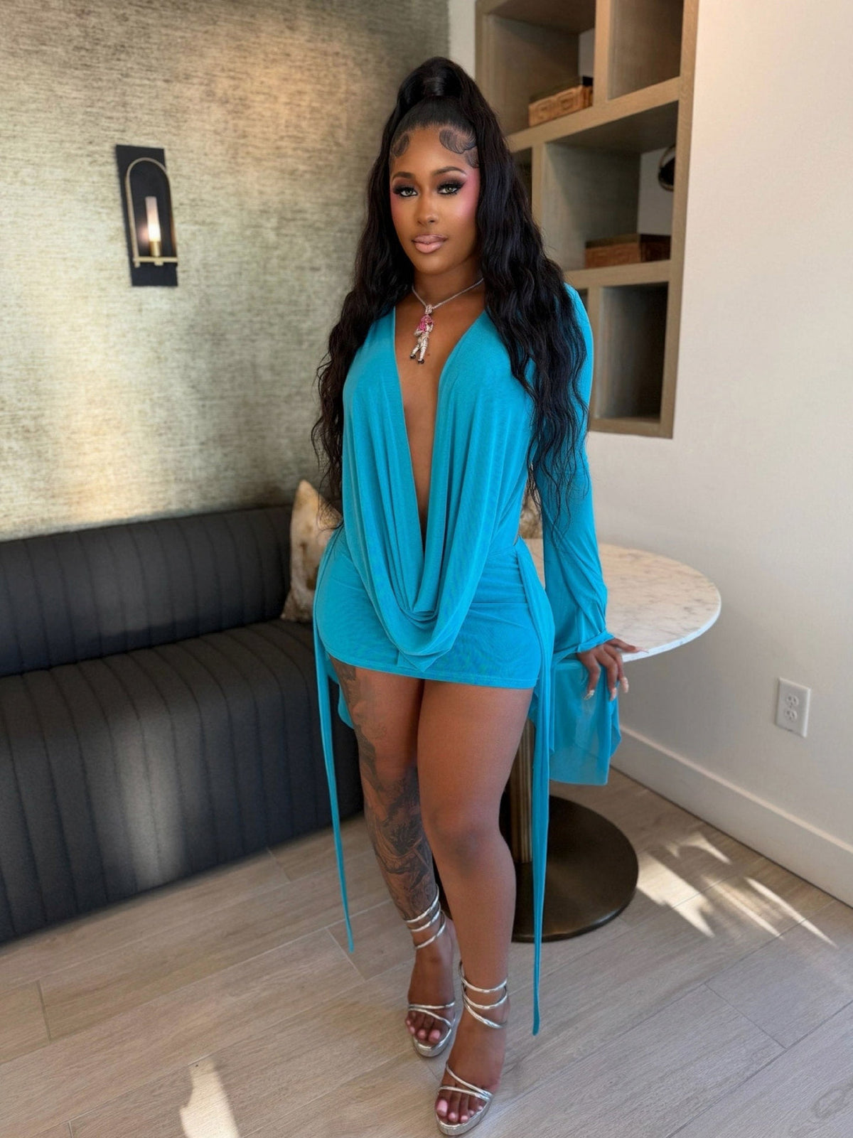 Mesh Bell Long Sleeve Mini Dress