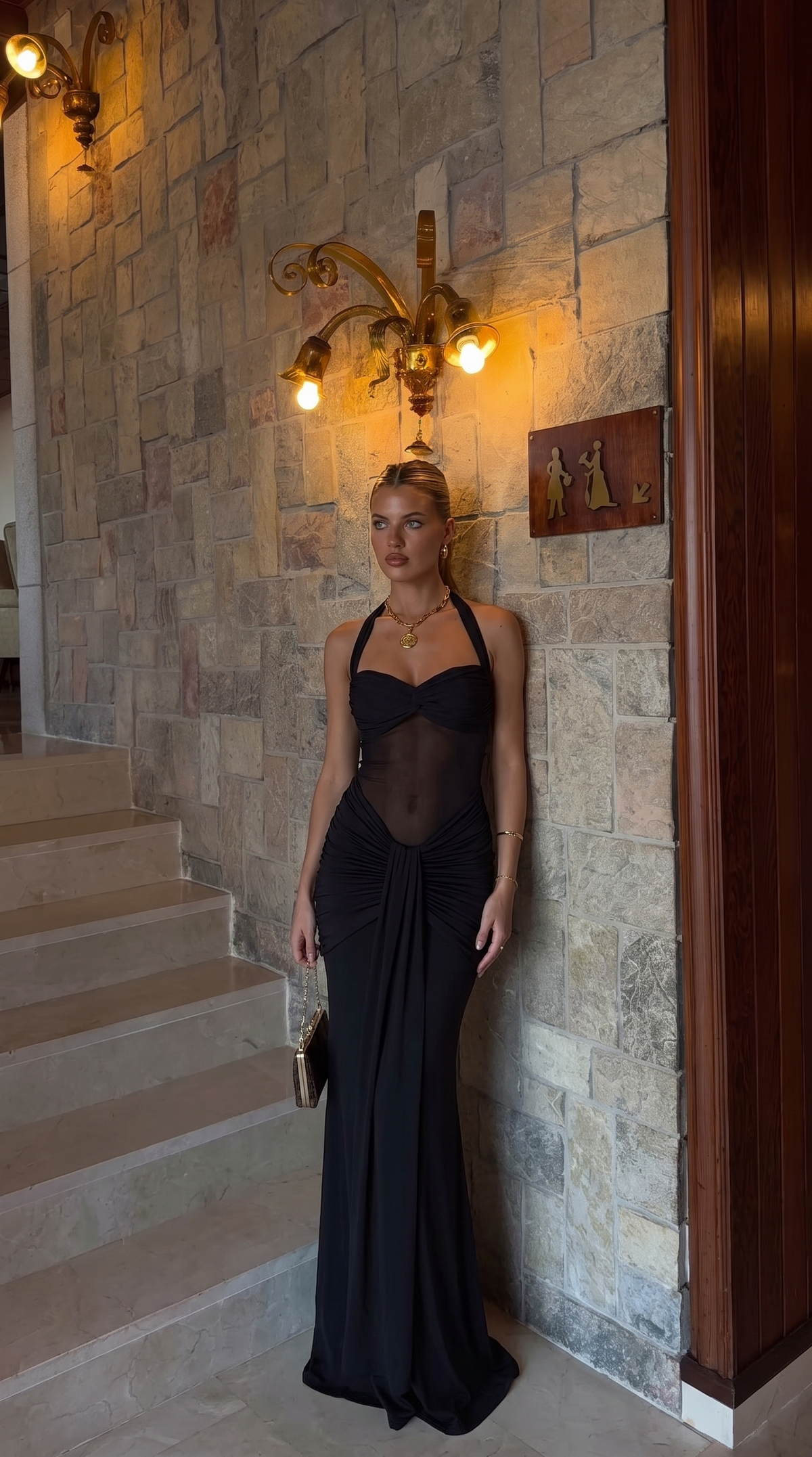 Mesh Halter Sweetheart Ruched Maxi Dress