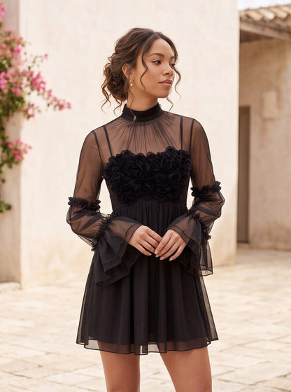 Mesh Long Sleeve Babydoll Mini Dress