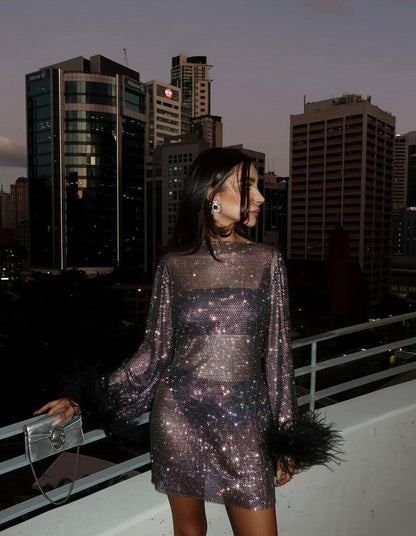 Mesh Rhinestone Long Sleeve Feather Cuff Mini Dress