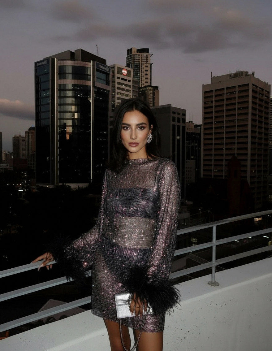 Mesh Rhinestone Long Sleeve Feather Cuff Mini Dress