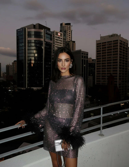 Mesh Rhinestone Long Sleeve Feather Cuff Mini Dress