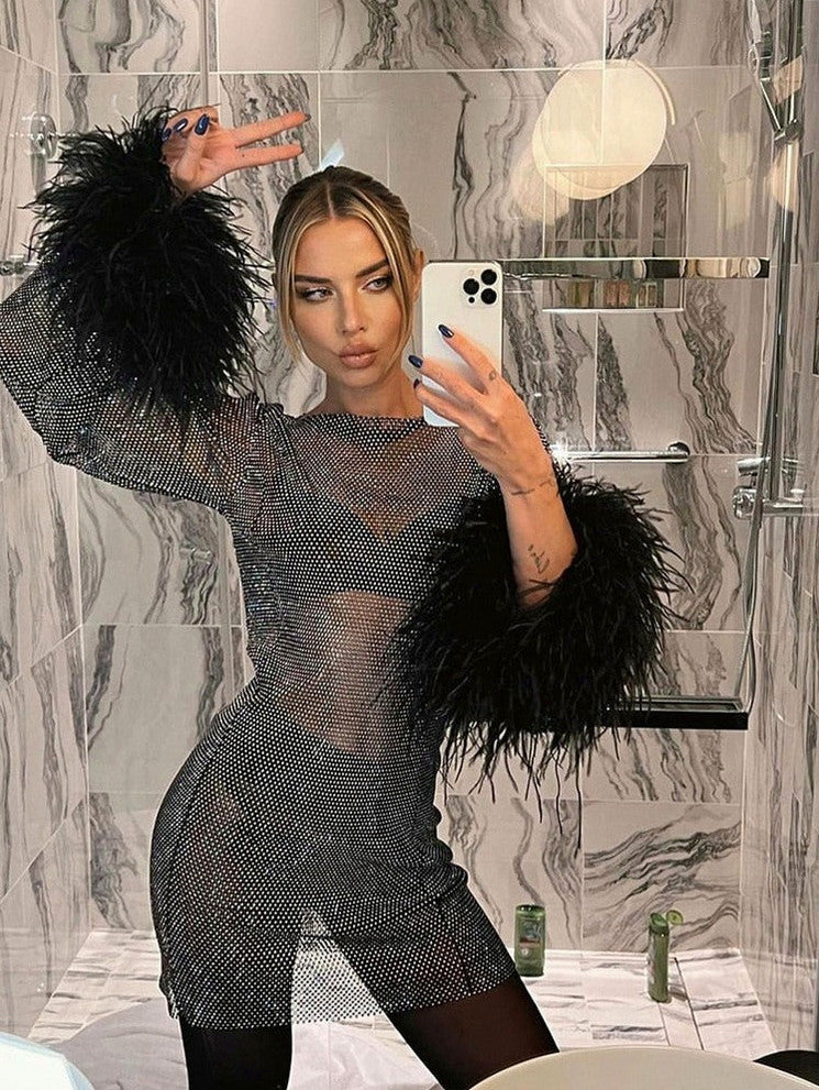 Mesh Rhinestone Long Sleeve Feather Cuff Mini Dress