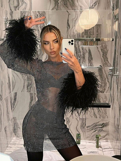 Mesh Rhinestone Long Sleeve Feather Cuff Mini Dress