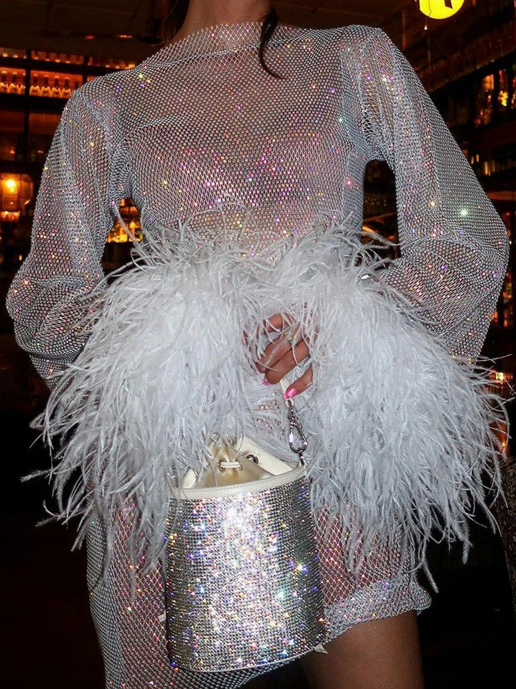 Mesh Rhinestone Long Sleeve Feather Cuff Mini Dress
