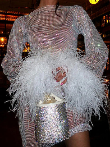 Mesh Rhinestone Long Sleeve Feather Cuff Mini Dress