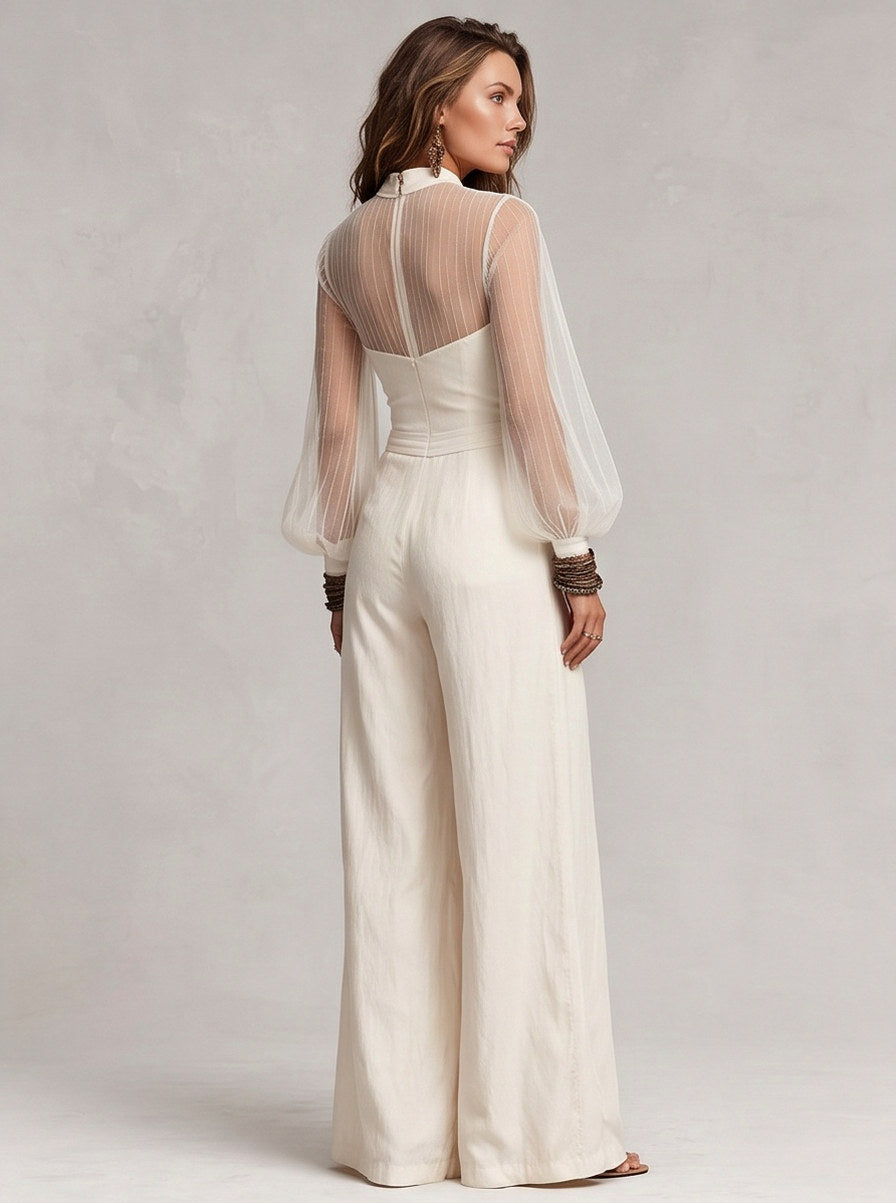 Mesh Sheer Sleeve Wide Leg Jumpsuit