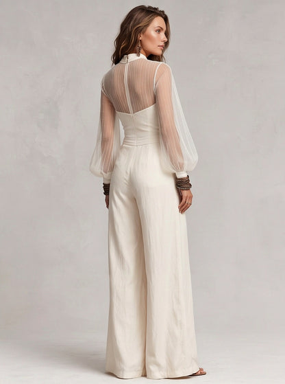 Mesh Sheer Sleeve Wide Leg Jumpsuit