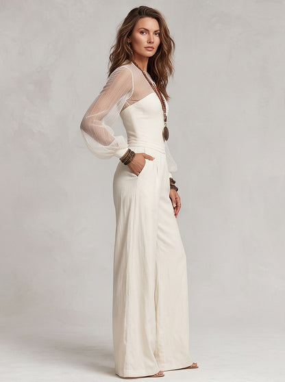 Mesh Sheer Sleeve Wide Leg Jumpsuit