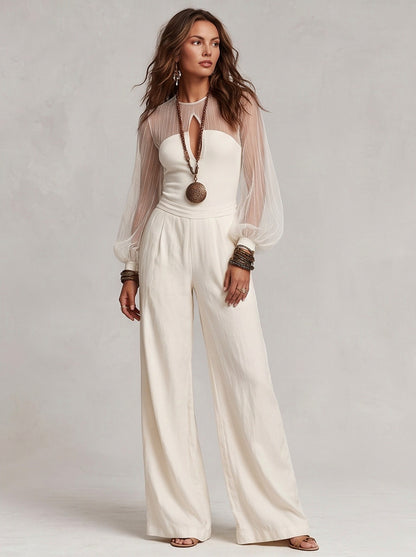 Mesh Sheer Sleeve Wide Leg Jumpsuit