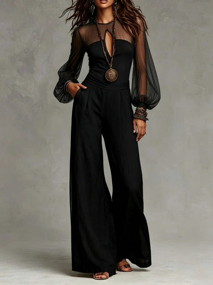 Mesh Sheer Sleeve Wide Leg Jumpsuit