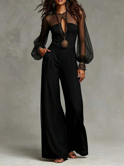 Mesh Sheer Sleeve Wide Leg Jumpsuit