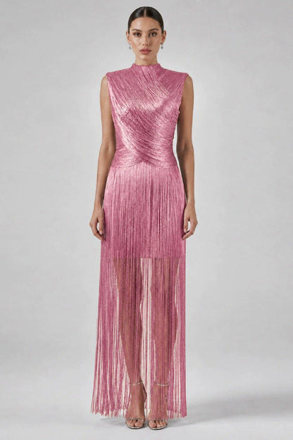 Mock Neck Fringe Maxi Dress