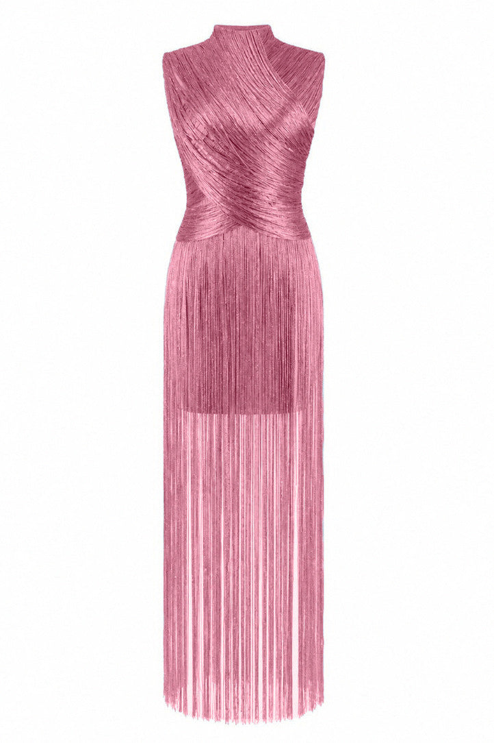 Mock Neck Fringe Maxi Dress