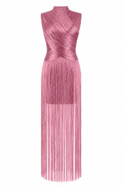 Mock Neck Fringe Maxi Dress
