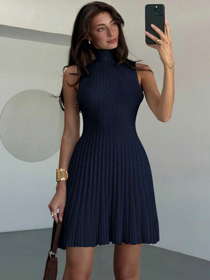 Mock Neck Ribbed Pleated Mini Dress