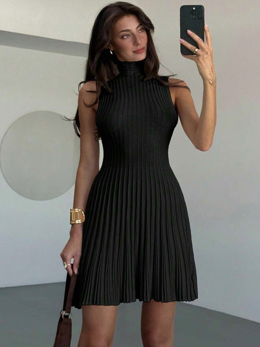 Mock Neck Ribbed Pleated Mini Dress