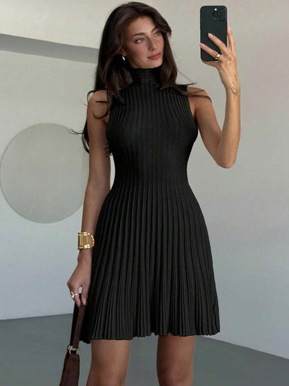 Mock Neck Ribbed Pleated Mini Dress