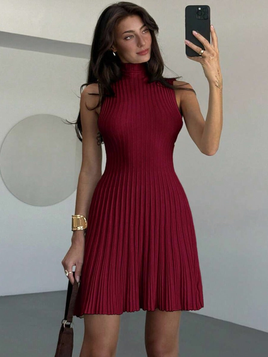 Mock Neck Ribbed Pleated Mini Dress