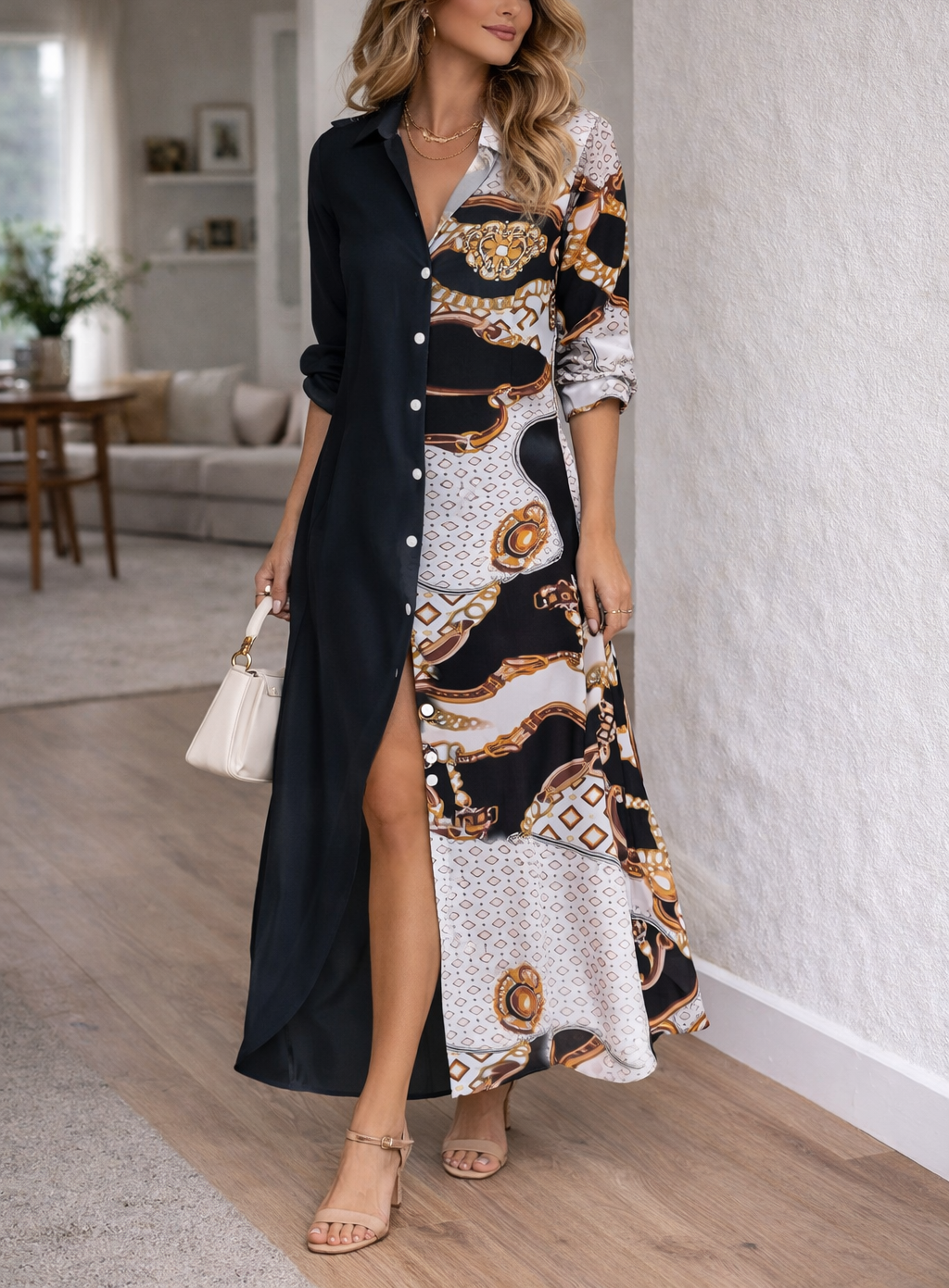 Black - Woman wearing a black and white newspaper print maxi shirt dress with a collared neckline, button-down front, and rolled sleeves.