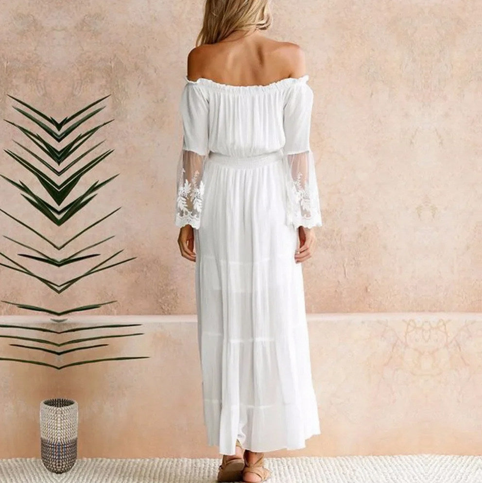 Off Shoulder Lace Trim Maxi Dress