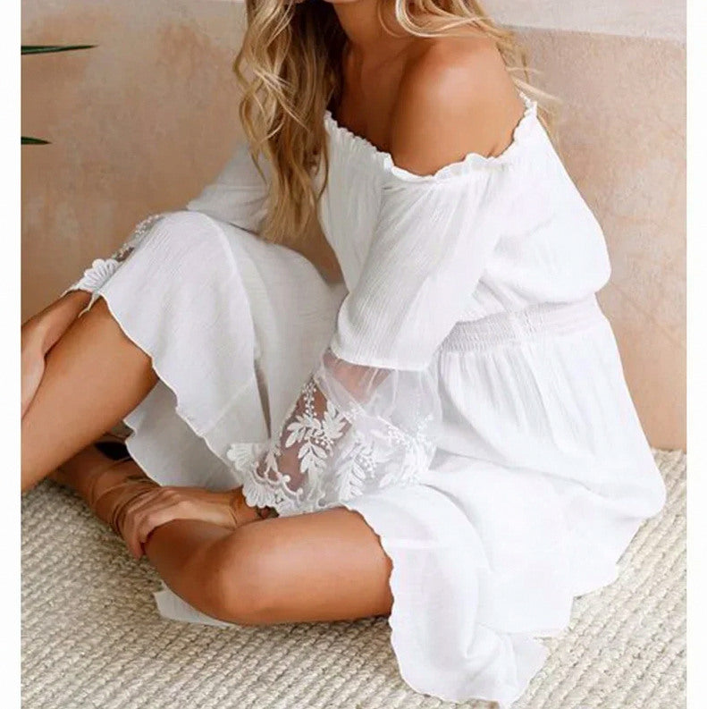 Off Shoulder Lace Trim Maxi Dress