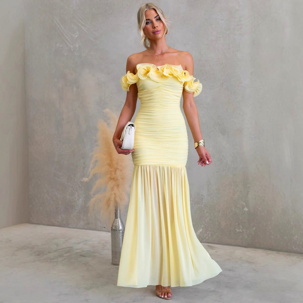 Off Shoulder Ruched Maxi Dress