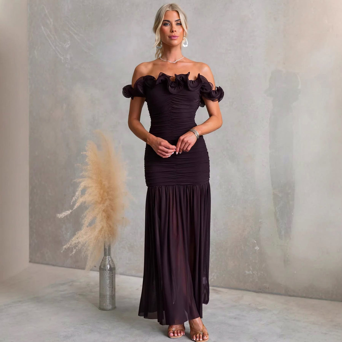 Off Shoulder Ruched Maxi Dress