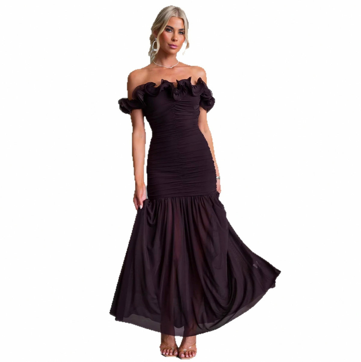 Off Shoulder Ruched Maxi Dress