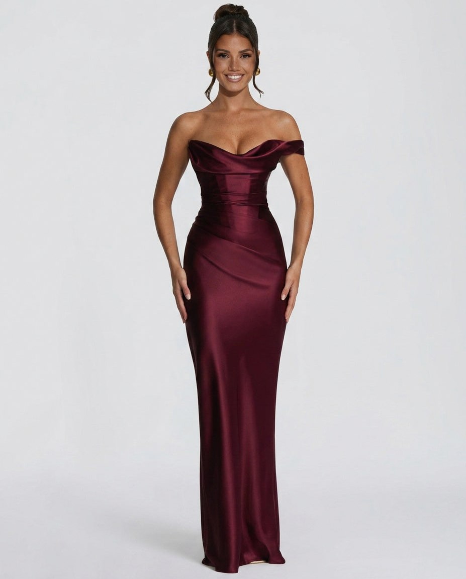 Off Shoulder Satin Corset Maxi Dress