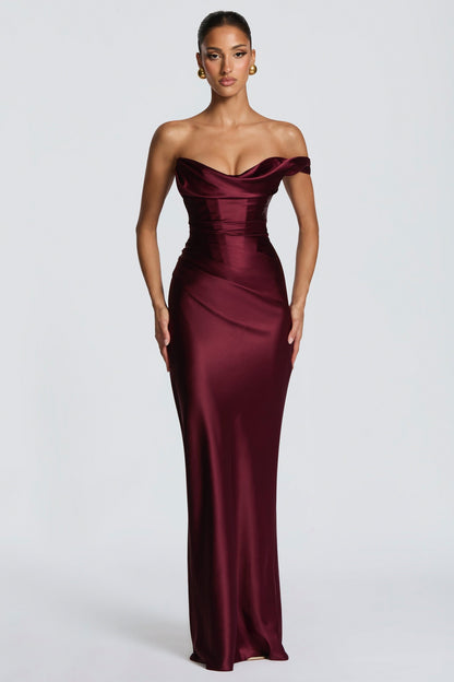 Off Shoulder Satin Corset Maxi Dress