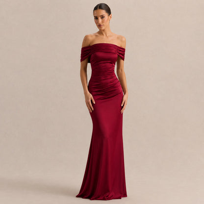Off Shoulder Satin Maxi Dress